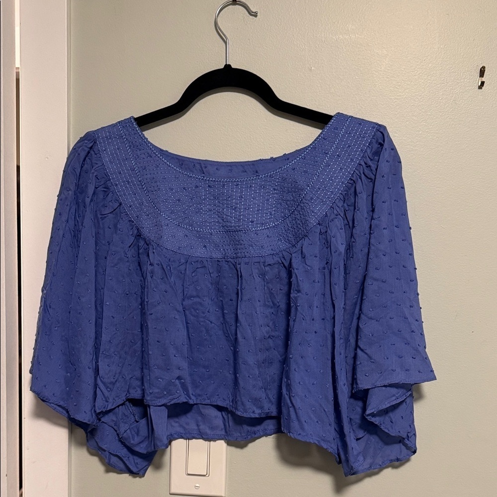 Signature8 Periwinkle Embroidered Textured Blue Cropped Blouse - Medium